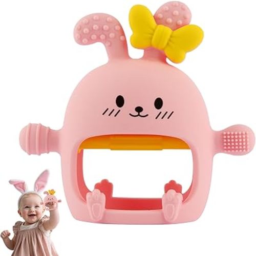 Baby Teething Mittens Toys Bunny Non-Drop Chewable Gloves for Infant,Silicone Teether for 0-24 Months Baby Newborn Sore Gums Teething Relief