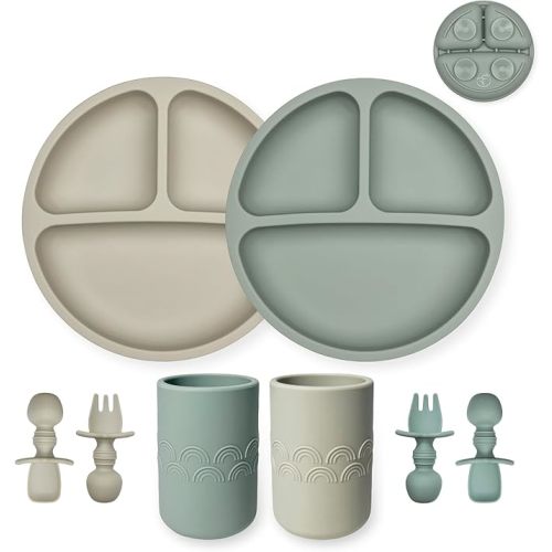 Silicone Baby Feeding Set - Suction Toddler Plates, Weighted Toddler Cups & Baby-Safe Utensils - 100% Pure Food Grade Silicone - Set of 2 (Sage/Sand)