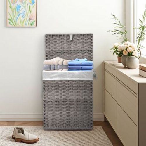 JIONJOY 23.7 gal. Wicker Hamper w/Lid, Foldable Design, Removable Compartment & Washable Liner - Grey