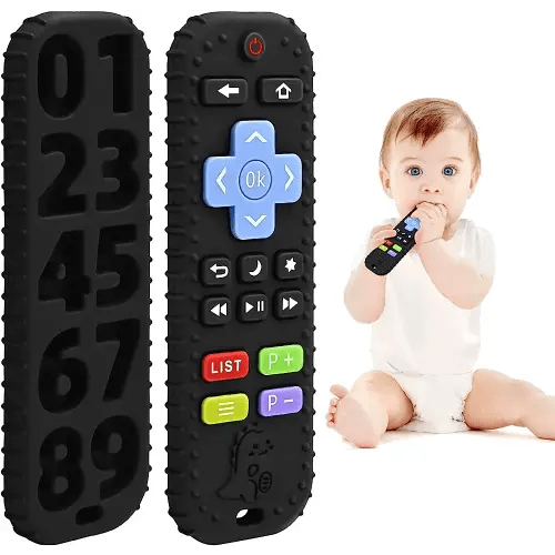 Teething Relief Teethers Toys for Babies 3-6 12 Months Gifts, Silicone Remote Control Baby Teether Bath Toys for Newborn Infant Boy Girl Autism Essentials, Food Grade Silicone Sensory Toys, Black