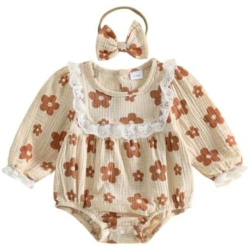 Newborn Baby Girl Clothes Floral Lace Ruffle Pleated Smocked Bubble Romper