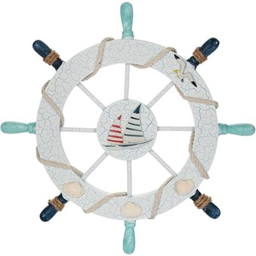 Rienar Nautical Ship Steering Wheel - 11" Diameter Wooden Beach Home Wall Décor With Fishing Net/Shell/Fish/Starfish/Seagull