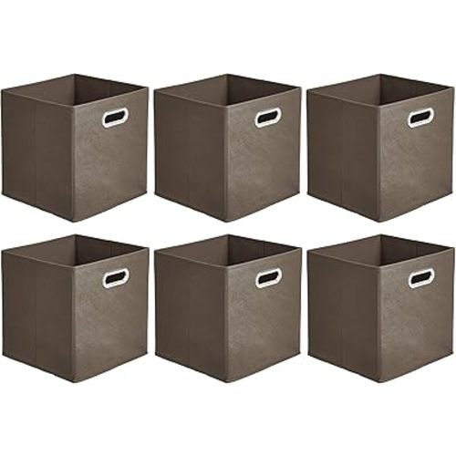 Amazon Basics Collapsible Cube Storage Organizer Bins, 6-Pack, 10.5 x 10.5 x 11 inches, Taupe