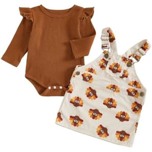 Karuedoo Infant Toddler Baby Girl Thanksgiving Outfit Long Sleeve Ribbed Knit Romper Turkey Overall Dress Suspender Skirt Set