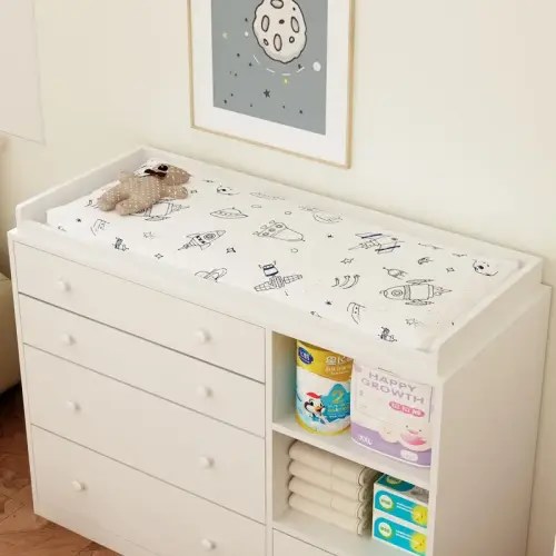 FUFU&GAGA Deborah Changing Table Dresser Antique White with Exposed Shelves, 5 Exposed Drawers & Space for Changing Pad, High-Quality Engineered Wood - TikTok Shop
