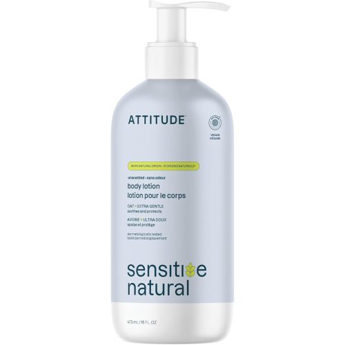 ATTITUDE Body Lotion for Sensitive Skin with Oat, EWG Verified, Dermatologically Tested, Vegan, Extra Gentle, Unscented, 16 Fl Oz