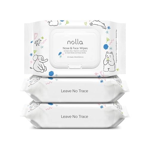 Nolla Nose and Face Wipes for Babies & Kids with Saline, Vitamin E, & Aloe | Unscented | Compostable, 90 Count (3 Packs of 30)