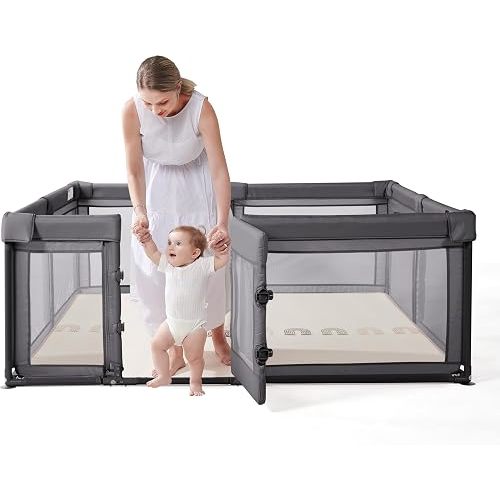 Baby Playpen with Walk-in Gate & Zipper Door, 79x71in Extra Large Playpen for Babies and Toddlers, Sturdy Indoor Play Pen with Breathable Mesh & Safety Lock(Deep Grey)