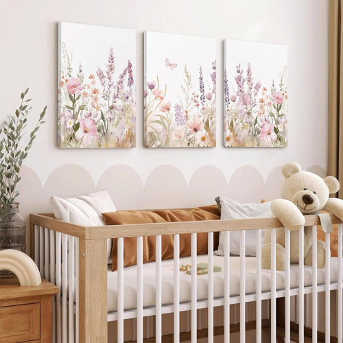 Dakota Fields Nursery Girl Floral Wall Art Watercolor Wildflower Canvas Wall Decor Pruple Pink Flower Pictures Nursery Floral Art Prints Girl Room Wildflower Poster For Bedroom Bathroom 12X16x3 Inch Ready To Hang | Wayfair