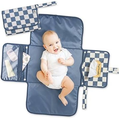 Tiny Twinkle Portable Diaper Changing Pad | Waterproof, Wipeable & Compact Baby Changing Pad for Travel | Smart Wipes Pocket & Organized Storage| Newborn Shower Gift (Blue Checkers)