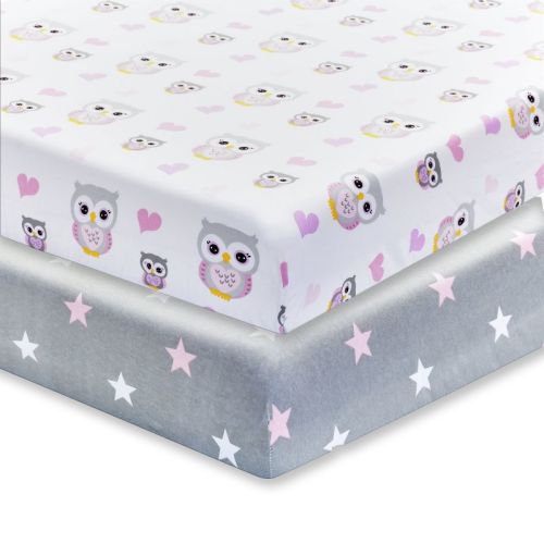 Everyday Kids 2-Pack Girls Fitted Crib Sheets – 100% Cotton Jersey – Owl & Heart Nature Theme in Pink, Purple & Gray – Fits Standard Crib