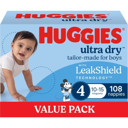 Huggies Ultra Dry Nappies Boys Size 4 (10 - 15kg) - 108 Pack