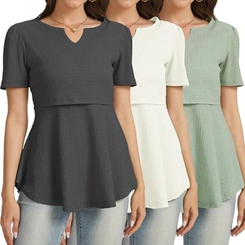 Bearsland Women's Nursing Top 3pack Short Sleeve V-Neck Nursing Shirt Breastfeeding Shirts