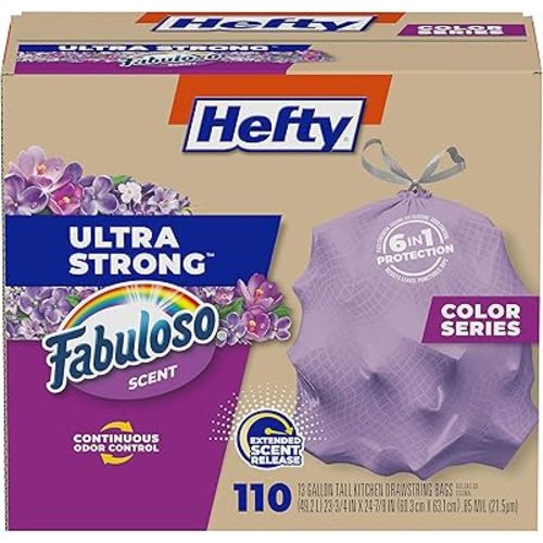 Hefty Ultra Strong 13 Gallon Trash Bags, Tall Kitchen Trash Bags 13 Gallon Size, Resist Leaks, Punctures, and Rips, Continuous Odor Control, Purple, Fabuloso Scent, 110 Bags