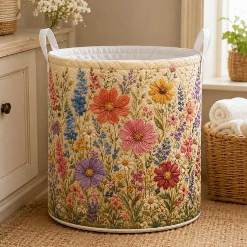 Floral Quilt Laundry Basket, Cottagecore Patchwork Hamper, Wildflower Storage Bin, Botanical Laundry Room Decor