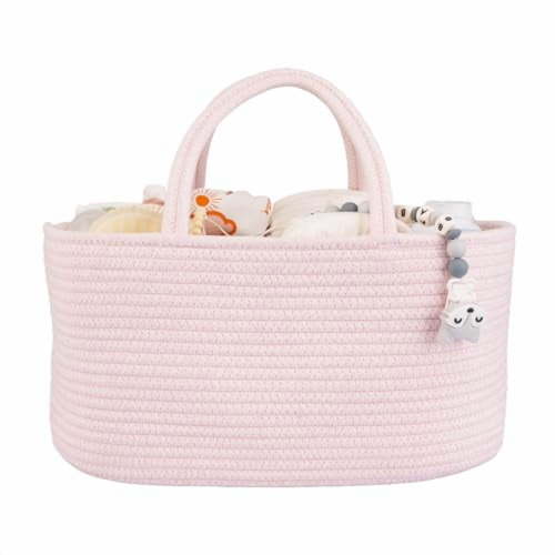 Large Baby Diaper Caddy Organizer for Girl Boy Rope Nursery Storage Bin Basket Portable Holder Tote Bag for Changing Table Car Travel Baby Shower Gifts Newborn Essentials Registry Must Haves Pink