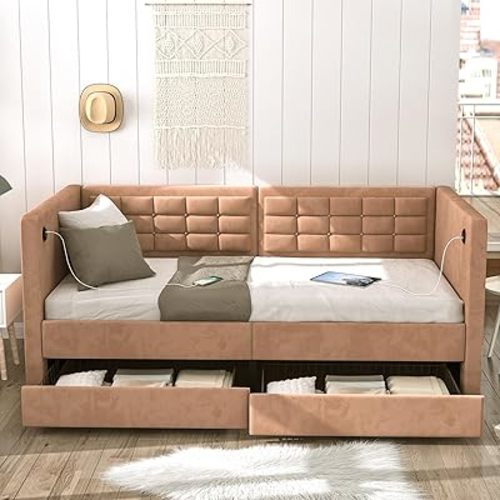 VECELO Twin Daybed with Storage Drawers, Upholstered Day Bed Frame with headboard, Sturdy Wood Slat Support for Living Room/Bedroom, Built-in USB & Type C Ports, Easy Assembly, Brown