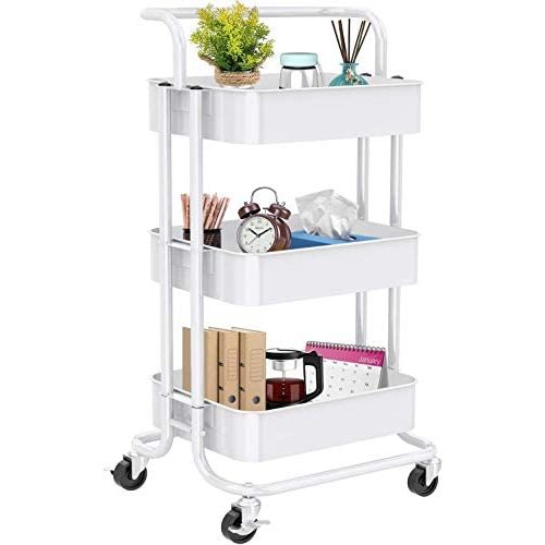 3 Tier Mesh Utility Cart, Rolling Metal Organization Cart with Handle and Lockable Wheels, Multifunctional Storage Shelves for Kitchen Living Room Office by Pipishell (White)
