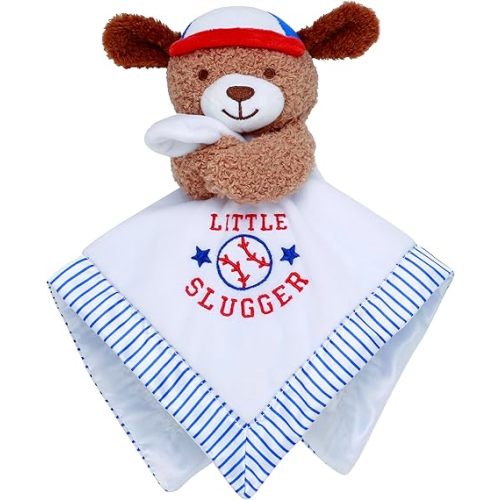 Baby Starters Plush 13 inch Puppy Snuggle Buddy with Toy Rattle, Little Slugger Baseball Embroidery and Satin, White with Stripe Trim