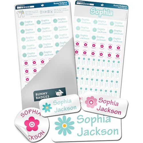 Bunny Badges Personalized Daycare Name Labels for Kids (130 Labels) - Custom Waterproof Name Stickers for Clothing Tags, Water Bottles, Lunch Boxes and School Supplies (Flowers)