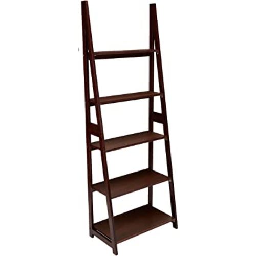 Amazon Basics Ladder Bookshelf Organizer, Solid Rubberwood Frame, Espresso Finish, 5 Shelves, 14" D x 24.8" W x 70.1" H
