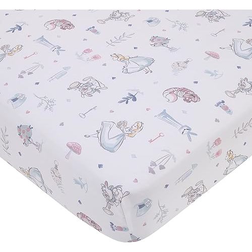 Disney Alice in Wonderland Light Blue, Pink, and White, Rabbit, and Cheshire Cat Super Soft Nursery Fitted Crib Sheet
