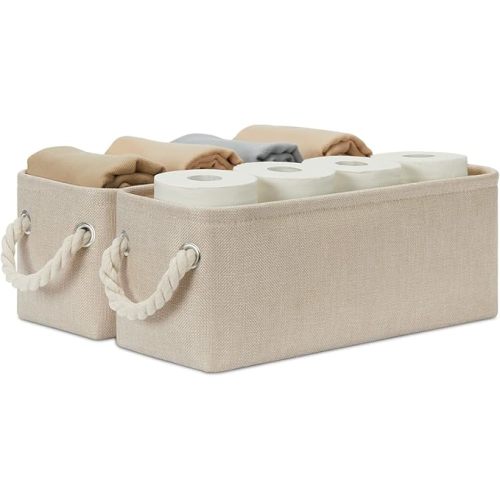 Temary Small Fabric Storage Baskets for Storage Home, Narrow Rectangle Basket with Rope Handles, Decorative Basket for Organizing Toilet Tank Top, Towels, Toilet Paper (Beige, 15Lx6Wx5.5H Inches)