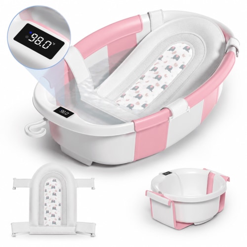 Collapsible Baby Bathtub with Soft Cushion and Thermometer-Pink