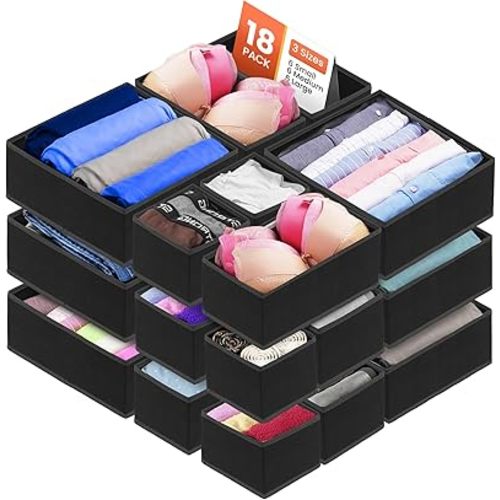 RFAQK 18 Pack Drawer Organizer Clothes-3 Sizes (L, M, S) Baby Dresser Organizer for Storage Closet-Foldable Fabric Baby Clothes Organizer for Bedroom, Bins, Bra, Socks, Belt, Tie-Black