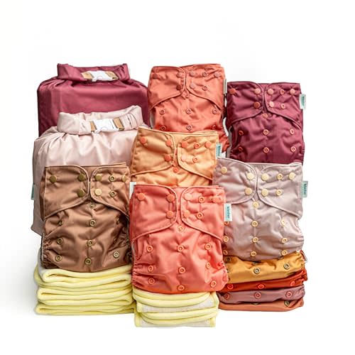 Kinder Cloth Diapers Reusable Baby Diapers Pocket Style Athletic Wicking Jersey, Bamboo Viscose Inserts, Wet Bag, Newborn to Potty Training 7-60lbs, One Size (Serene Sunrise, 10 Pack, with Inserts)