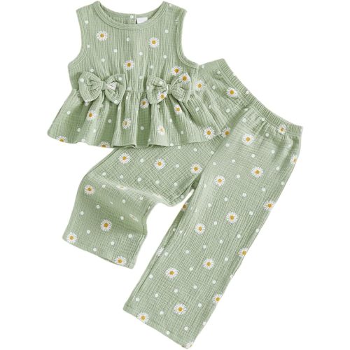 Kaipiclos Infant Baby Toddler Girl Clothes Daisy Linen Outfits Bows Shirts Long Pants 6 12 18 24 Months 3T 4T Girls Clothing