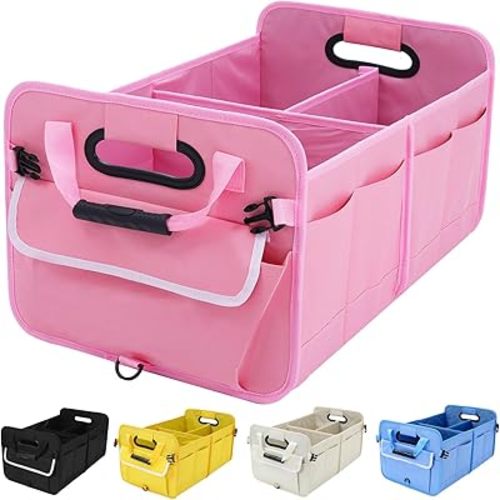 Car Suv Trunk Organizer,Sturdy Storage Organizer for Car Accessories,Tools,Sundries.Upgraded 4 Carrying Handles,72L,Foldable,Waterproof,Multi Compartment,2 Straps for Fixation(Pink)