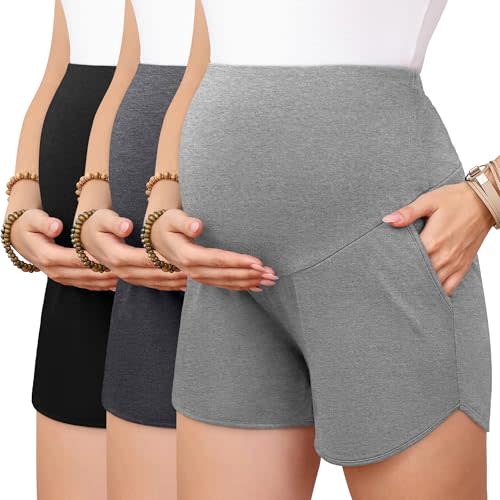 3 Pack Women's Maternity Shorts | Over Belly Pregnancy Shorts with Side Pockets, Casual Lounge Loose Fit Pajama, Biker Undershorts, Summer Athletic Clothes