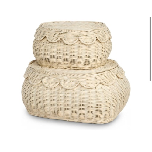 BEBE BASK The Original Scalloped Basket Set Of 2 – Small Scallop Basket - 15 x 11 x 6 In - Hand-Woven & Award-Winning - Elegant Wicker With Scalloped Edge Lid - Nursery Storage - (Natural)