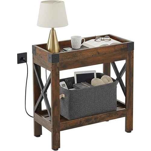 Narrow End Table with Charging Station, Rustic Brown Side Table with 2 USB Ports & Power Outlets, Slim Industrial Nightstand for Small Spaces, Living Room Sofa & Bedroom