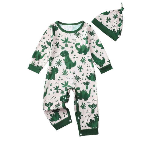 KIMI BEAR Preemie Baby Boys Romper Jumpsuit Long Sleeves Dinosaur Print Overalls Button Bottom Clothing with Hat 2pcs Clothes Newborn Baby Shower Gift Set Blue