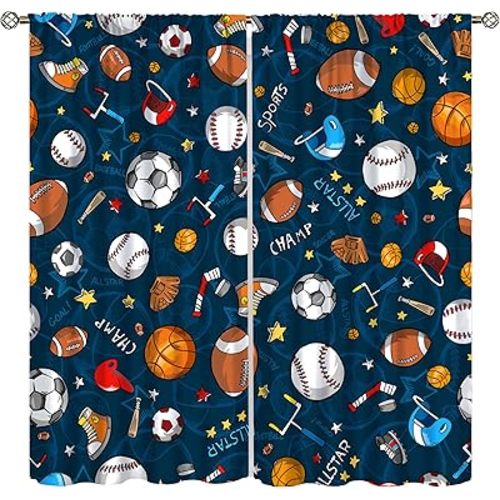 Kids Bedroom Window Curtains, Basketball Soccer Baseball Sports Theme Teenage Boys Home Living Room Blackout Curtains,Decor 42x45 Inch