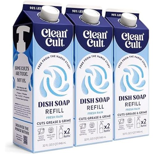 Cleancult Dish Soap Liquid Refill (32oz, 3 Pack) - Plant Based Cleaning Power - Dish Soap that Cuts Grease & Grime - Free of Harsh Chemicals - Uses 90% Less Plastic - Fresh Rain