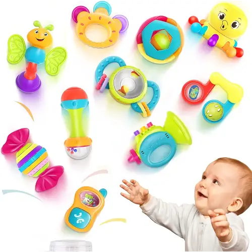 iPlay, iLearn 10pcs Baby Rattles Toys Set, Infant Grab Shake Rattle, Sensory Teether, Babies Development Learning Music Toy, Newborn First Stocking Stuffer Gifts 0 1 2 3 4 5 6 7 9 10 12 Month Boy Girl