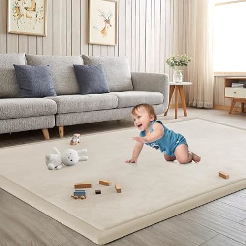 Baby Play Mat for Floor Nursery Rug Muscle Mat Area Rug Playroom Rug 50"x50" Playpen Mat Elastic Foam 1.3" Thick Crawling Mat for Babies,Toddlers, Infants, Kids,A Beige