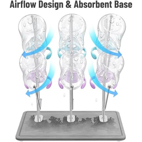 NiHome Baby Bottle Drying Rack with Diatomite Base & Stainless Steel Frame, Foldable Countertop Organizer Holds 9 Bottles, Space-Saving Stand for Water Bottles, Lids, Reusable Bags & More