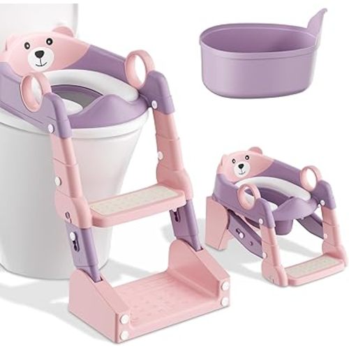 Potty Training Seat, 2-in-1 Toddler Toilet Training Seat & Potty Chair for Kids Boys Girls, Height Adjustable Toilet Seat with Splash Guard, Stable Wide Base Design, Anti-Slip Steps Stool