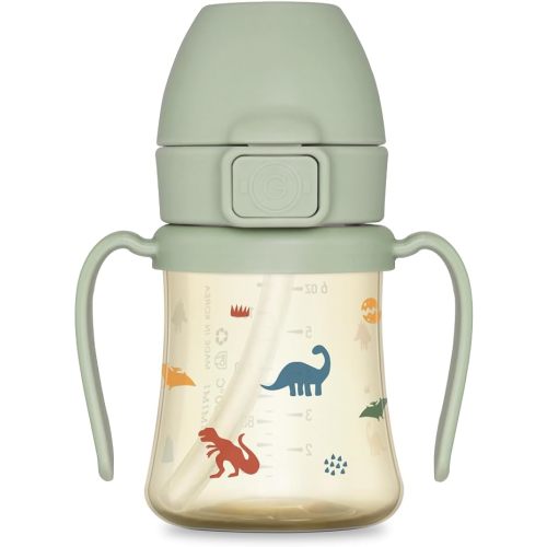 GROSMIMI Flip Top Spill Proof Sippy Cup, PPSU, BPA Free, 6 oz, Stage 2 Straw for Toddlers (Dinosaur)