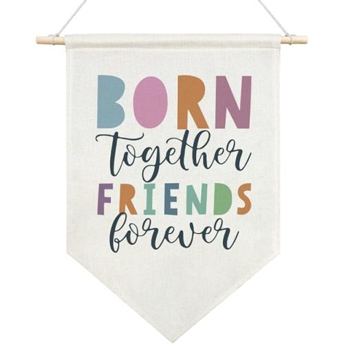 AGMDESIGN Born Together Friends Forever Canvas Hanging Pennant Flag Banner, Baby Twins Nursery Decor, Kids Baby Room Nursery Playroom Bedroom Decor, Birthday Gifts for Friends Kids Daughter Son Niece
