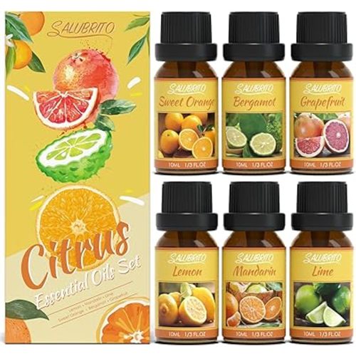 Salubrito Citrus Essential Oils Set for Diffuser, Fragrance Oil | Sweet Orange, Bergamot, Lemon, Grapefruit, Mandarin Orange, Lime Scented Oil for Soap Making, Candle Making