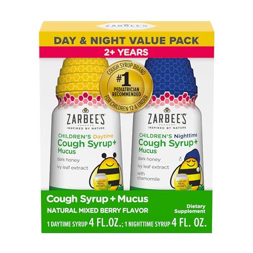 Zarbee's Children’s Honey Cough Syrup + Mucus Day & Night Value Pack, Daytime & Nighttime Toddler Cough Syrup, Dark Honey, Ivy Leaf Extract, Chamomile, Mixed Berry Flavor, 2X 4 Fl Oz