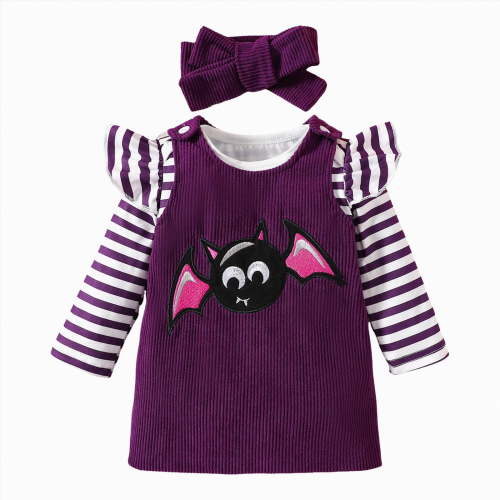 CAICJ98 Halloween Outfits for Baby Girls Fall Winter Clothes Suspender Skirt Newborn Long Sleeve Ruffled Romper + Cute Ghost Dress + Headband Spring Outfits Purple,Size 0-3 Months