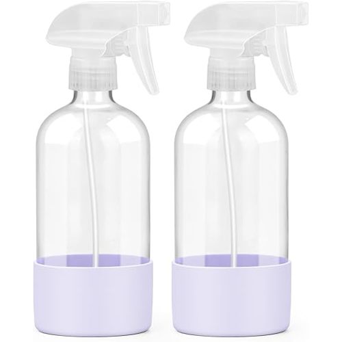 2 Pack Glass Spray Bottles with Silicone Sleeve, 16 oz Empty Refillable Containers with Adjustable Spray Nozzles, Spray Bottles for Hair, Cleaning Solutions and Plants Purple
