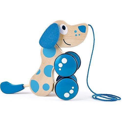 Hape Walk-A-Long Puppy Wooden Pull Toy | Push Pull Toy Puppy for Toddlers Can Sit, Stand and Roll. Rubber Rimmed Wheels for Easy Push and Pull Action, Blue