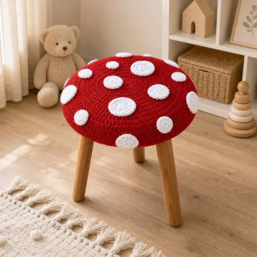 Crochet Stool Cover, Mushroom Ottoman Cover, Handmade Mushroom Decor, Woodland Nursery Decor, Cute Kids Room Furniture Cover